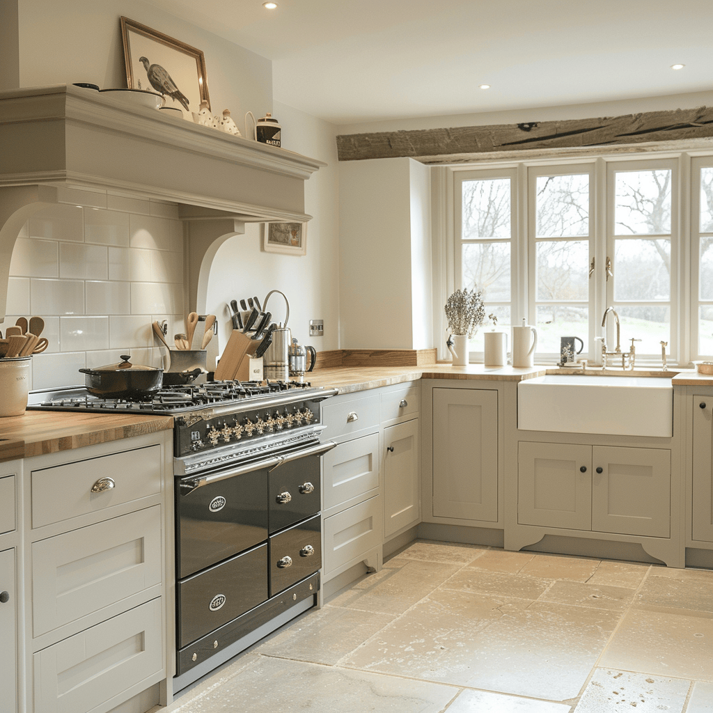 A charming English countryside kitchen with a traditional range cooker and a Belfast farmhouse sink, combining style and practicality