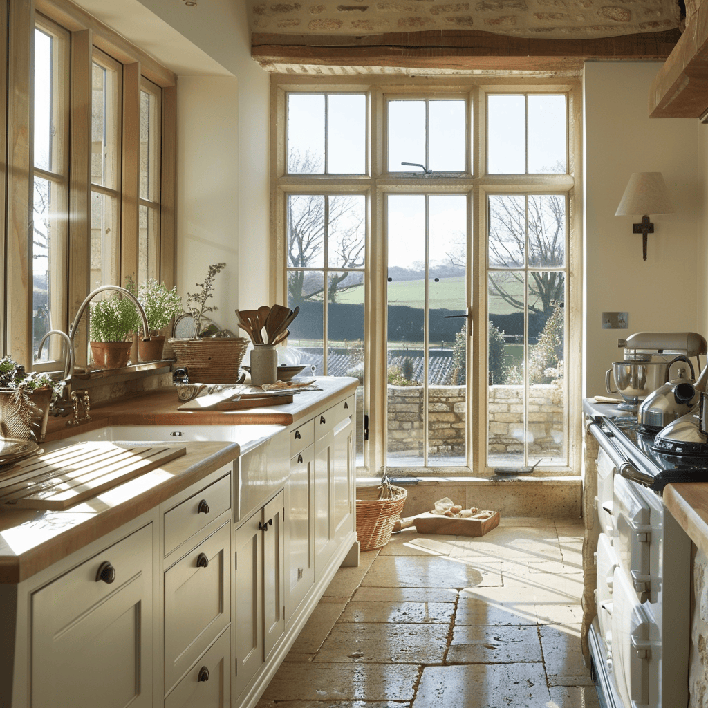 A charming English countryside kitchen with large windows that let in abundant natural light, creating a cheerful and welcoming environment