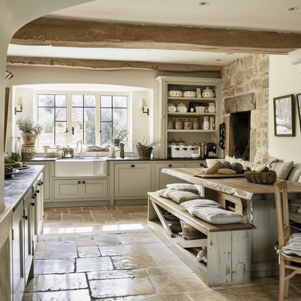 A charming English countryside kitchen with mismatched seating, creating a casual and inviting dining atmosphere