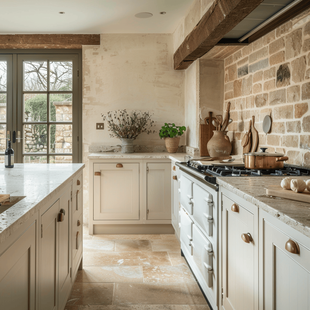A charming English countryside kitchen with natural stone countertops and a rustic tile backsplash, creating a beautiful and functional workspace