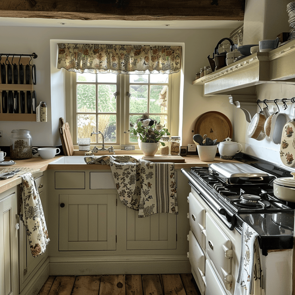 A charming English countryside kitchen with patterned tea towels and oven mitts, contributing to the welcoming and lived-in feel