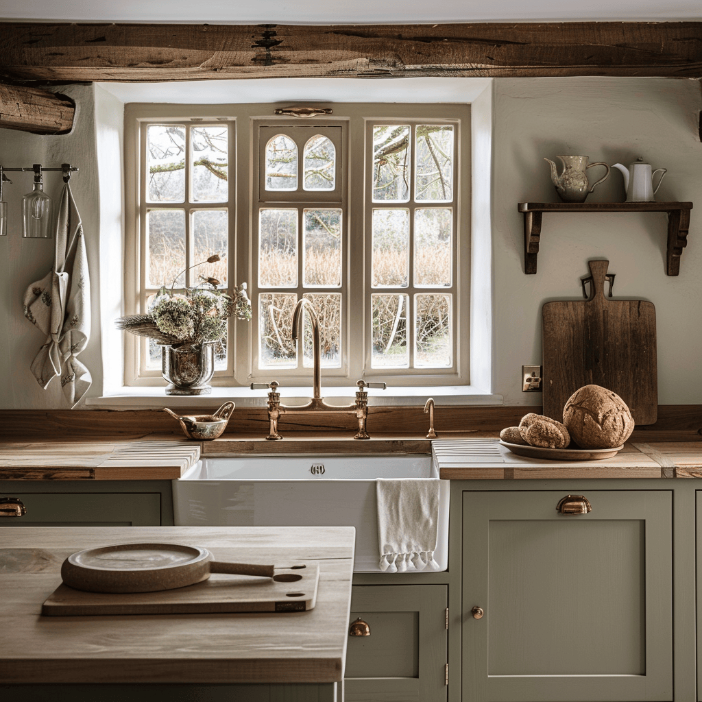 A charming English countryside kitchen with vintage-inspired faucets and hardware, contributing to the timeless and inviting atmosphere