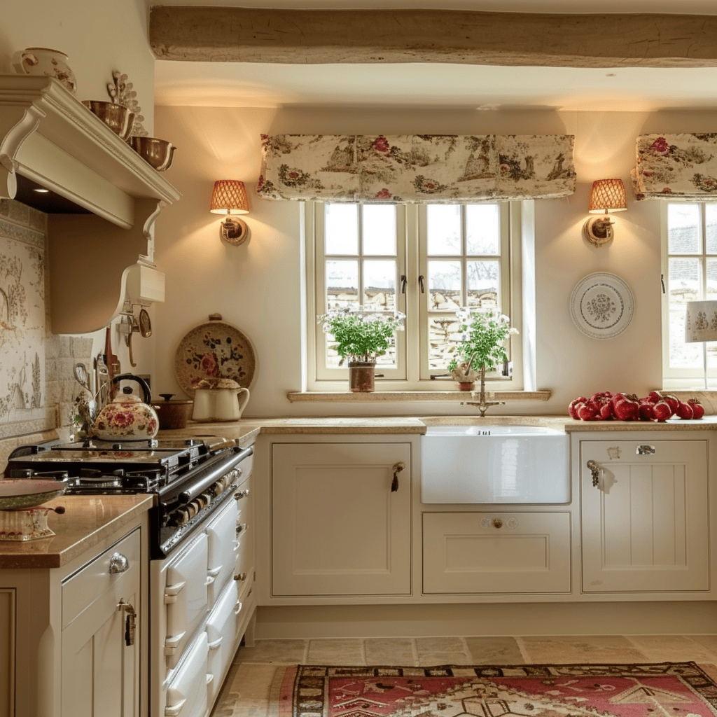 A charming English countryside kitchen with wall sconces for ambient lighting, contributing to the comfortable and relaxing environment