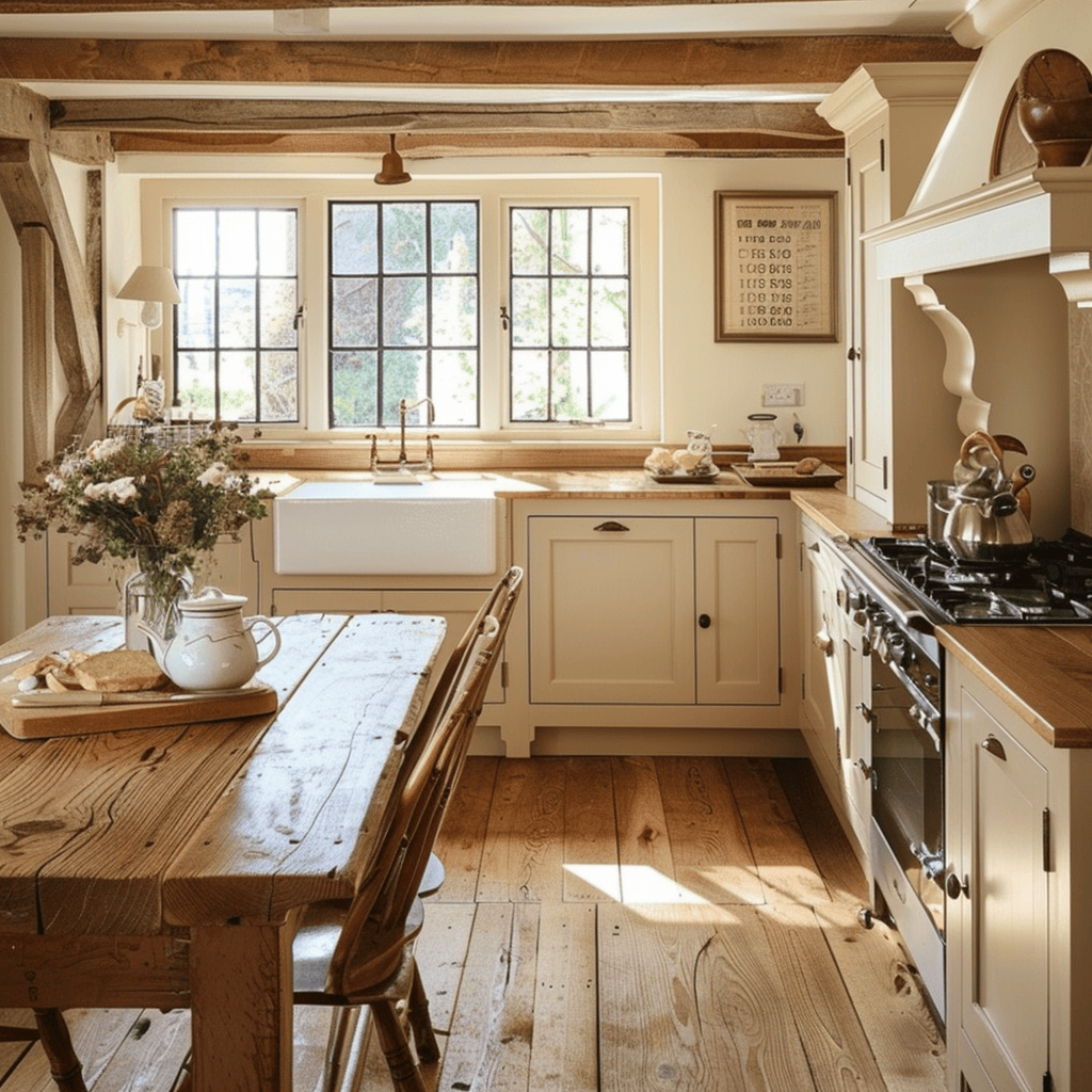 A charming English countryside kitchen with wide-plank hardwood floors, contributing to the cozy and inviting atmosphere