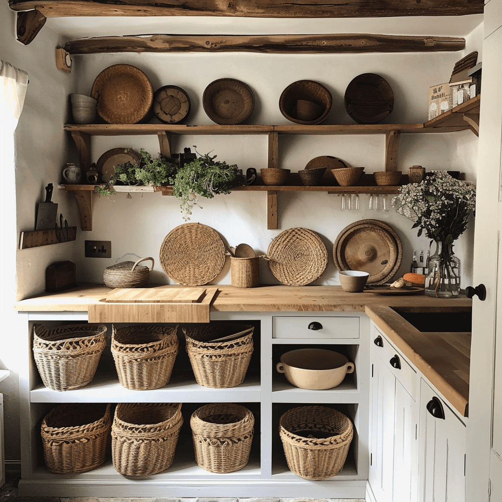 A charming English countryside kitchen with woven baskets and wooden bowls, contributing to the cozy and inviting atmosphere
