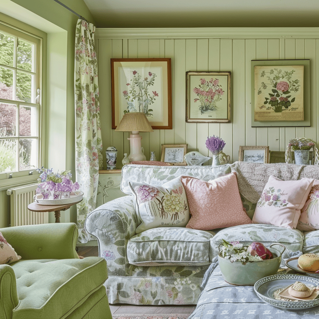 A charming English countryside living room decorated for spring with muted green walls, delicate pastel accents in pale pink and lavender, fresh flowers, and botanical prints, capturing the essence of the season