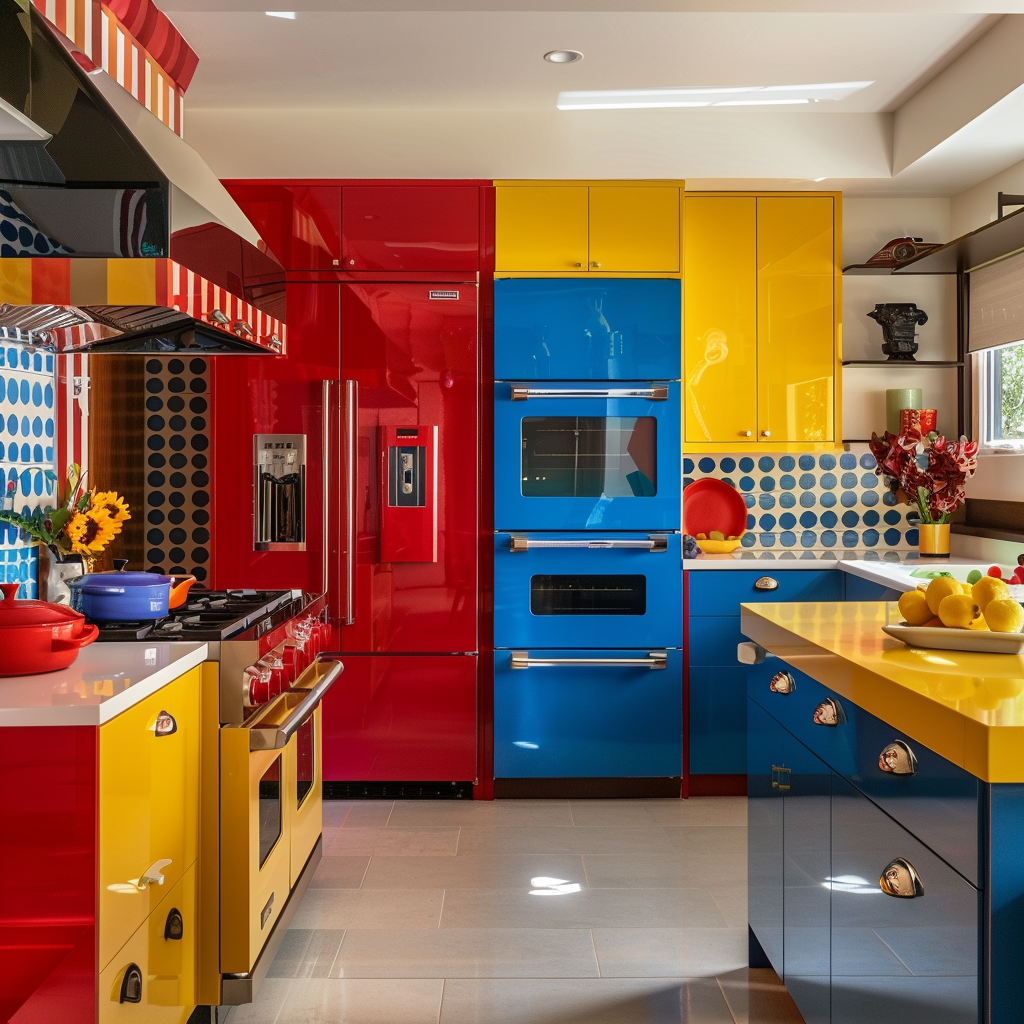 A cheerful modern breakfast nook with a palette of bright primaries, including red dining chairs, blue pendant lights, and yellow placemats