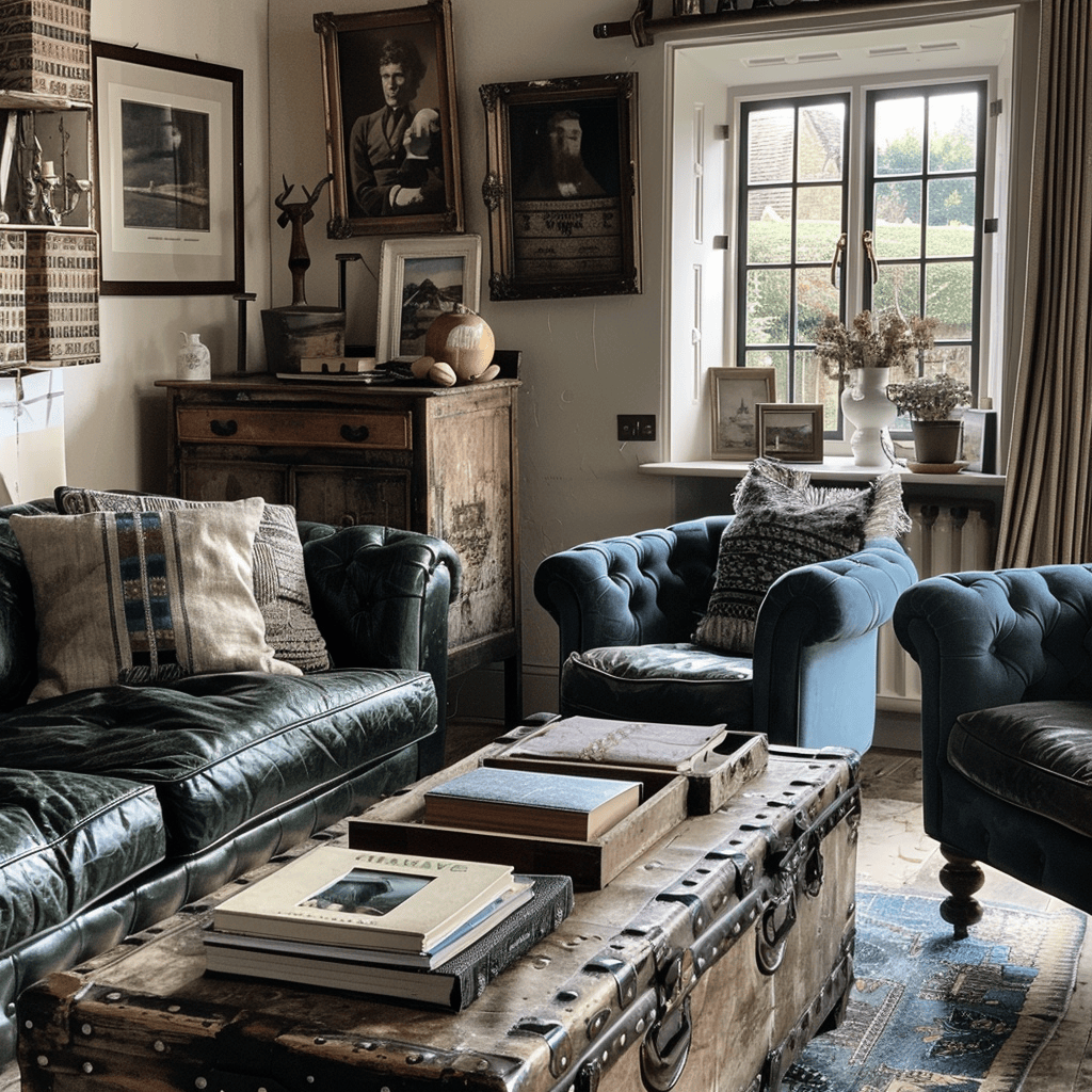 A classic English countryside sitting room with a deep green leather Chesterfield sofa, muted blue armchairs, and a rustic wooden coffee table, showcasing timeless furniture in quintessential countryside colors