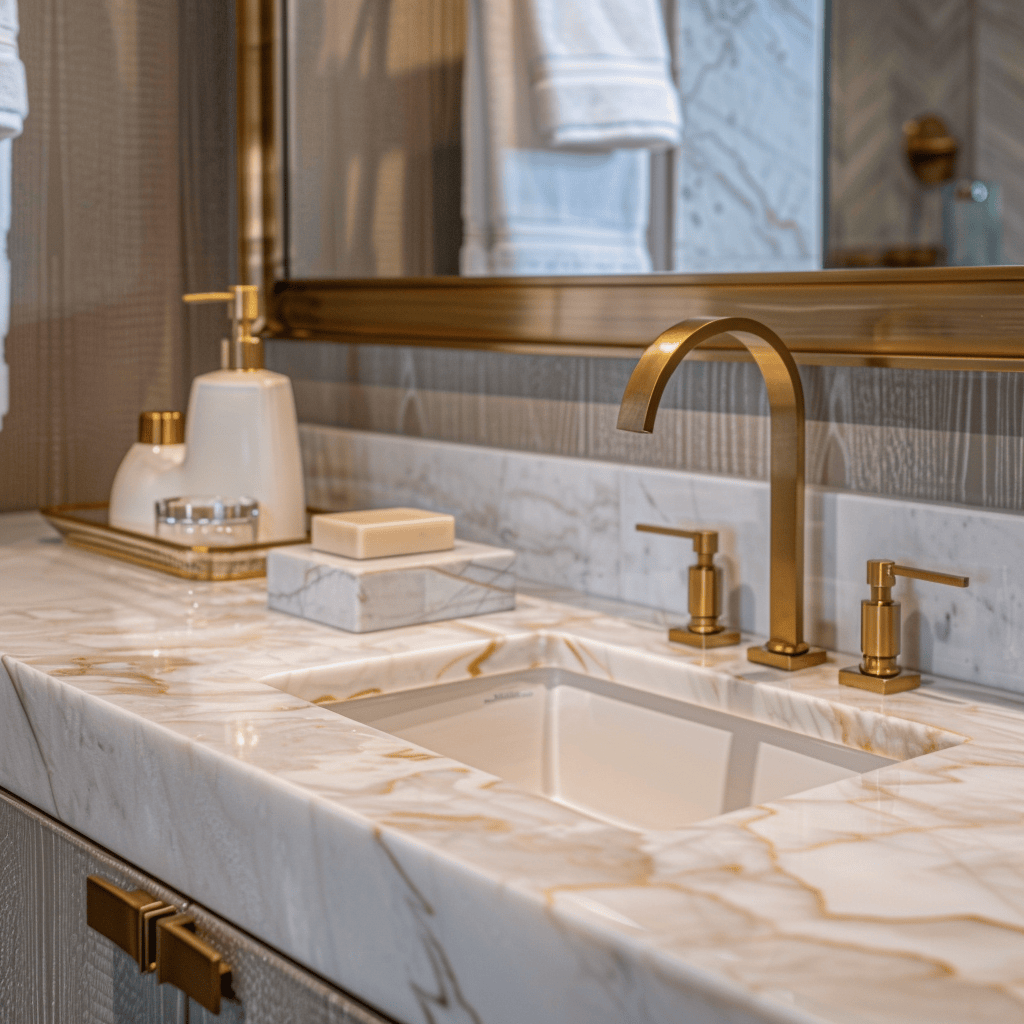 A close-up of a bathroom featuring a mix of luxurious materials, including marble tiles, a quartz countertop, and brushed gold fixtures, bathroom