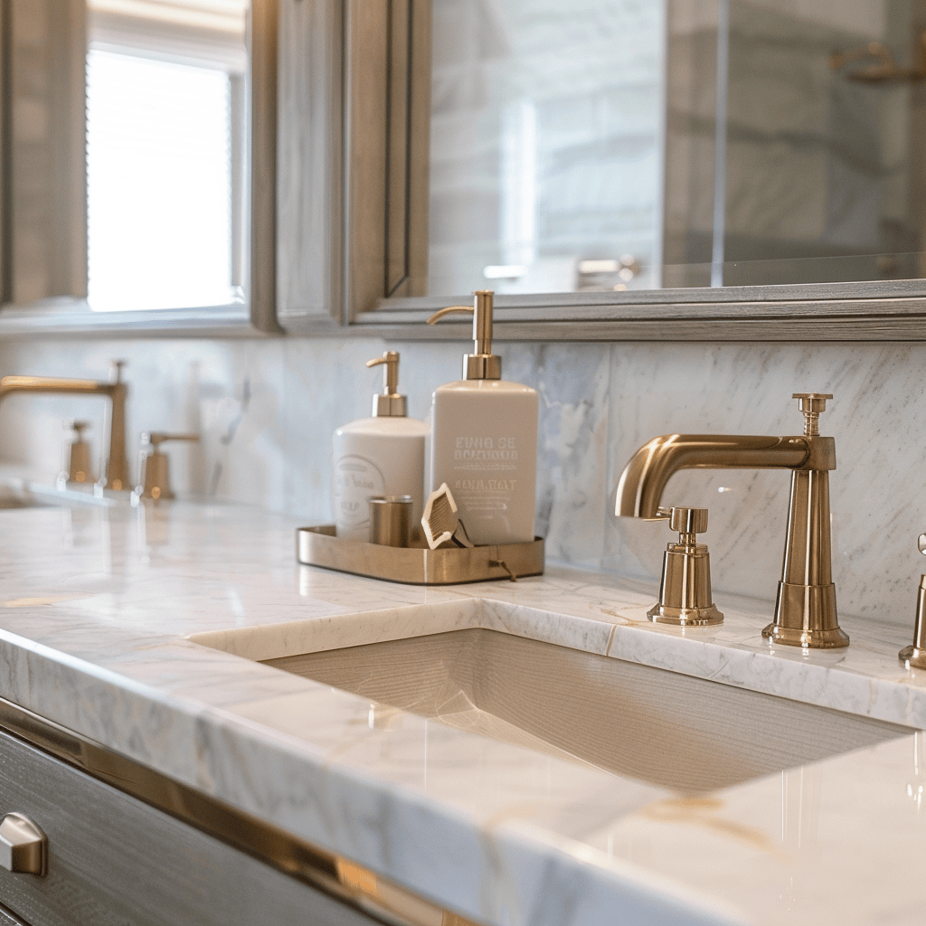 A close-up of a bathroom featuring a mix of luxurious materials, including marble tiles, a quartz countertop, and brushed gold fixtures, bathroom