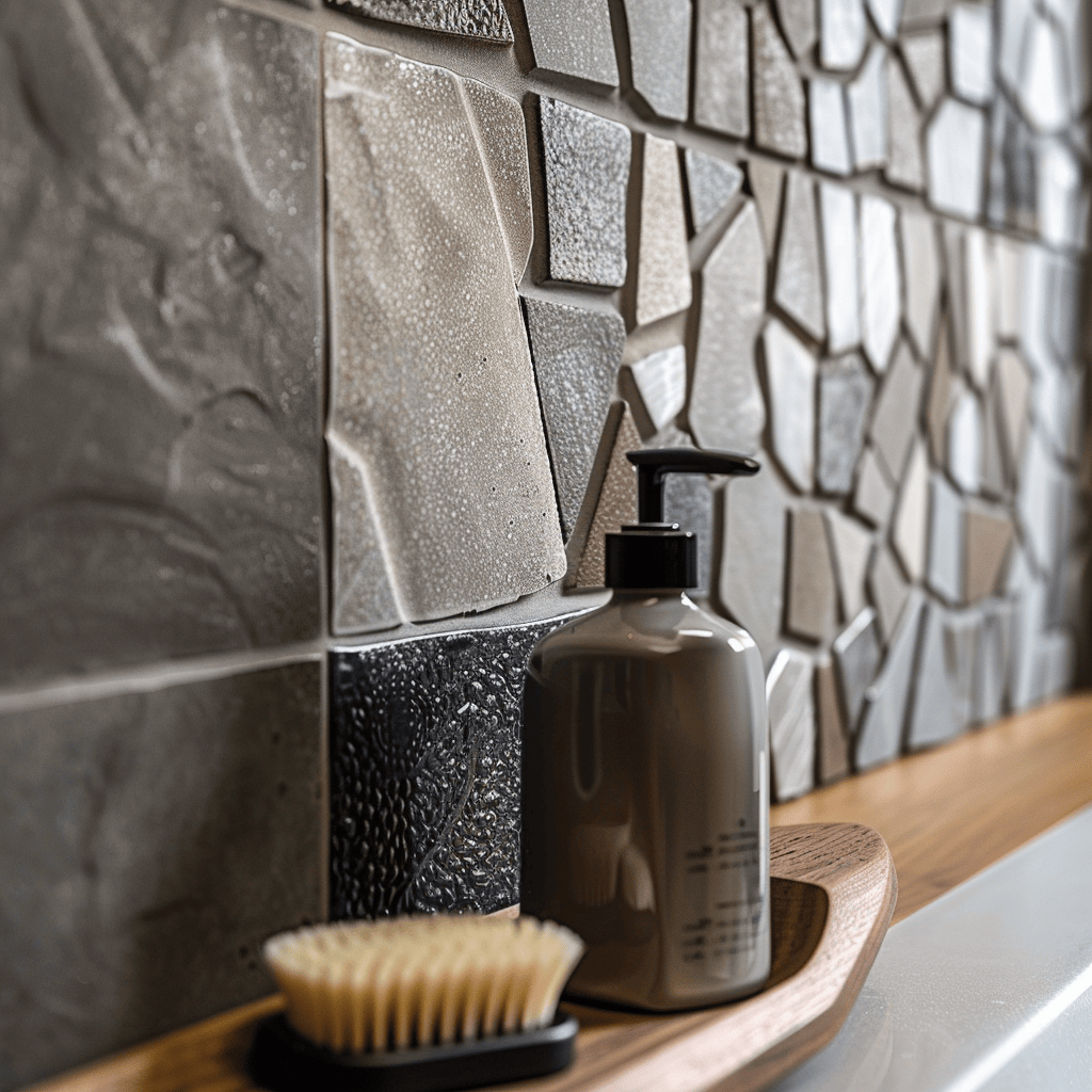 A close-up of a bathroom wall featuring a mix of textured, patterned, and solid tiles, creating a visually striking and cohesive backsplash design