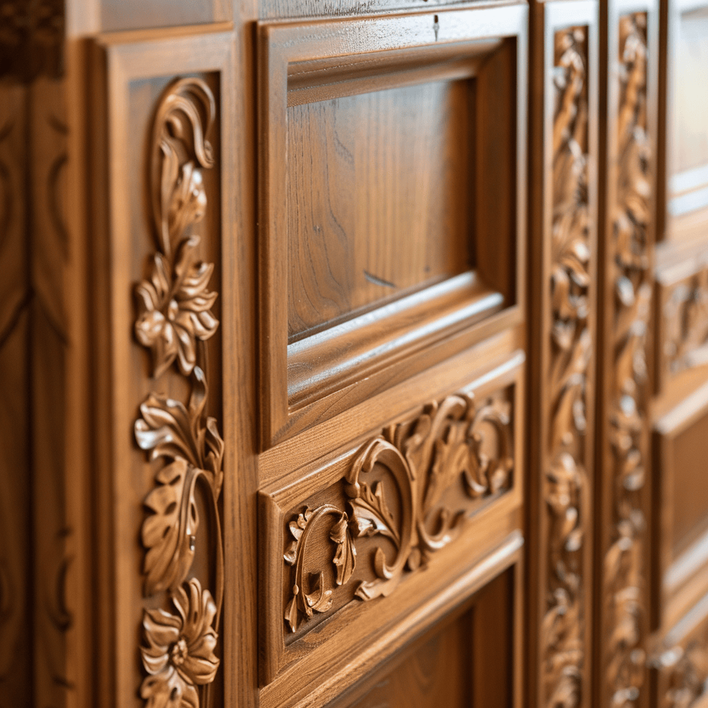 A close-up of a beautifully handcrafted kitchen cabinet door, showcasing intricate wood inlays, carvings, and moldings that add a touch of artistry and uniqueness to the design