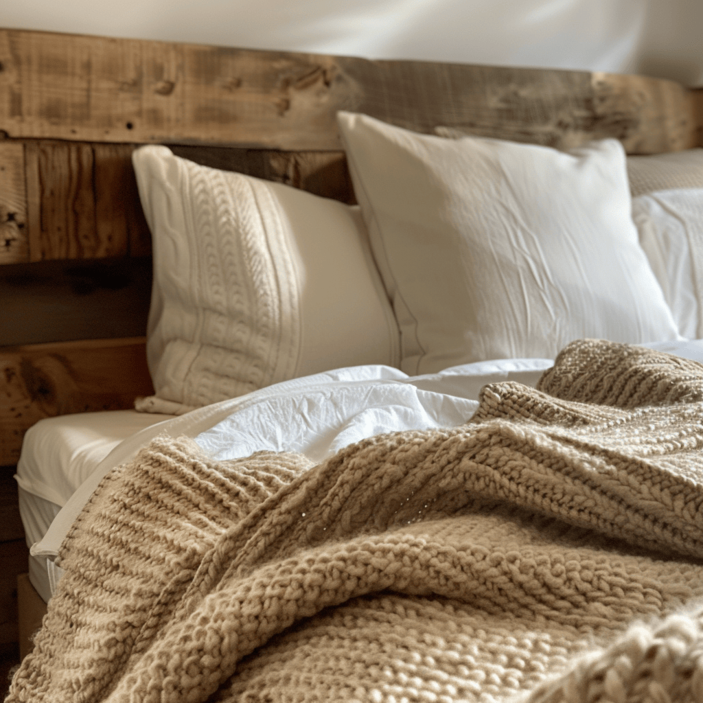 A close-up of a bed with a rustic wooden headboard, organic cotton sheets, and a chunky knit throw blanket in earthy tones