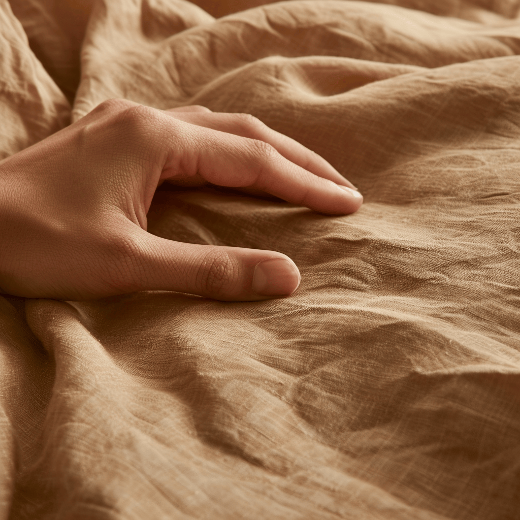 A close-up of a hand gently touching soft, organic cotton sheets in a warm, earthy hue