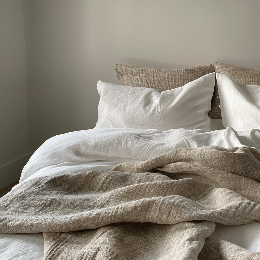 A close-up of a minimalist bed with crisp, white linen bedding, a soft, lightweight cotton duvet, and a single, woven wool throw blanket in a muted neutral tone