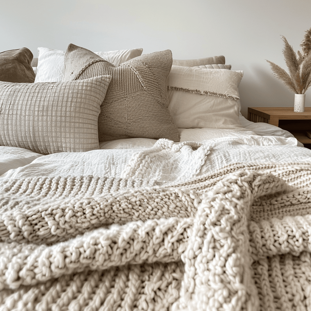 A close-up of a minimalist bedroom with various textures, including a chunky knit blanket, linen bedding, and a plush area rug, all in a neutral color palette