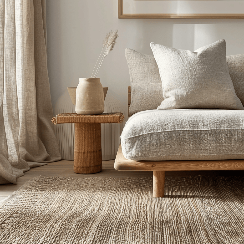 A close-up of a minimalist living room with subtle textures and patterns, including a woven wool rug, linen curtains, and a geometric print throw pillow in a muted, neutral palette2