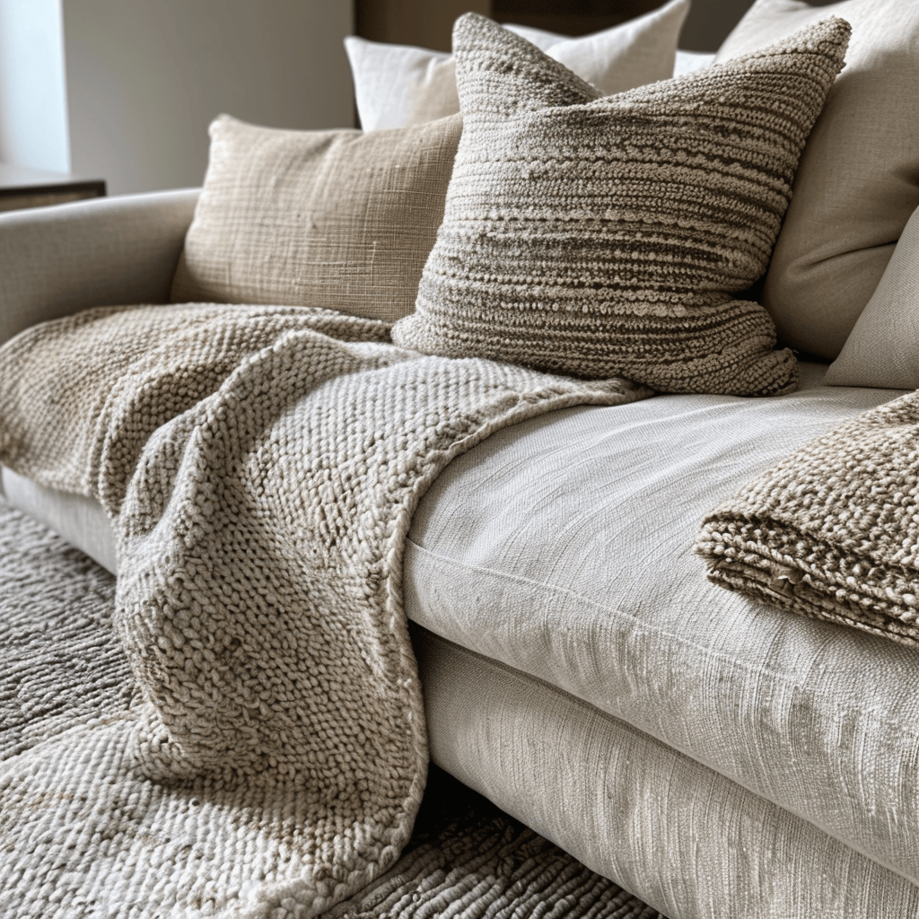 A close-up of a minimalist sofa with various subtle textures, including linen upholstery, a wool throw blanket, and a woven cotton pillow, all in a neutral color palette2