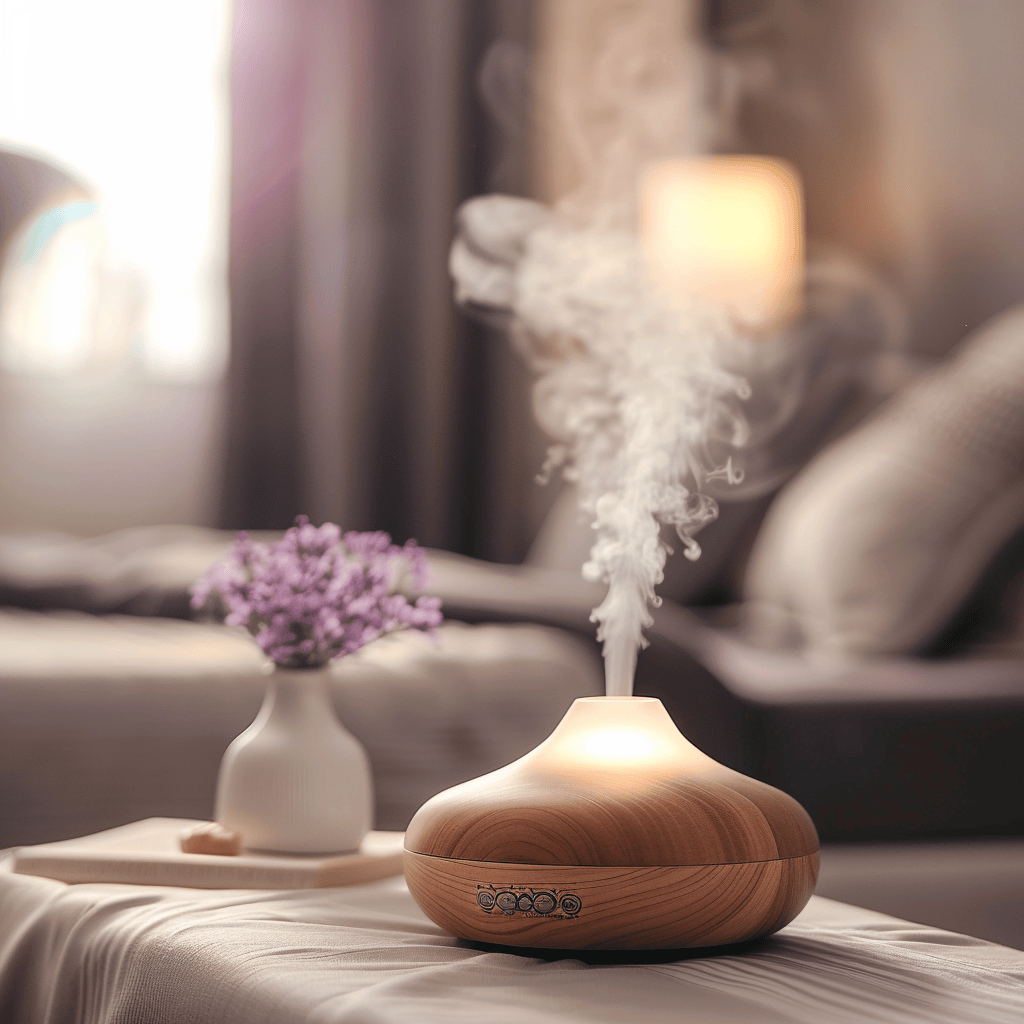 A close-up of an essential oil diffuser on a bedside table, emitting a soft, calming scent like lavender or eucalyptus