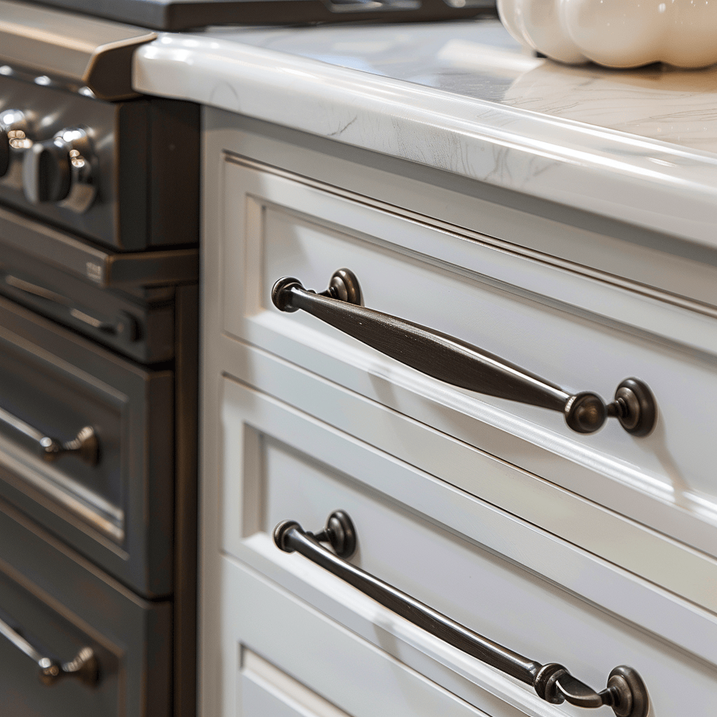 A close-up of kitchen cabinet hardware, showcasing a mix of sleek, modern pulls and classic, vintage-inspired knobs in various finishes, such as brushed nickel, oil-rubbed bronze, and polished chrome