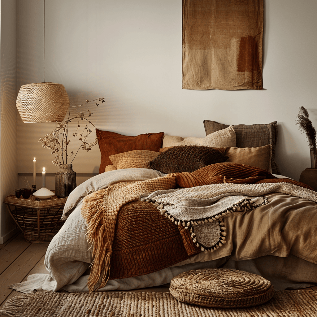 A close-up of the autumnal elements in a Japandi bedroom, highlighting the incorporation of tactile, textured throws in deep, nature-inspired colors, cozy, high-pile rugs, and intricate, woven wall décor