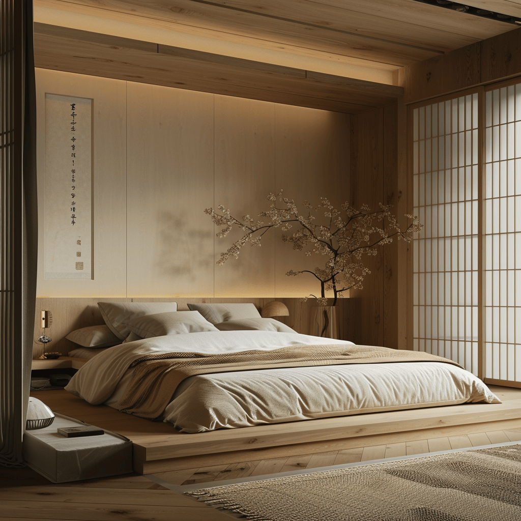 A close-up of the technology integration in a Japandi bedroom, highlighting the use of compact, unobtrusive gadgets, cleverly hidden wiring, and versatile smart lighting, demonstrating that modern convenience can coexist with a calm, orderly aesthetic