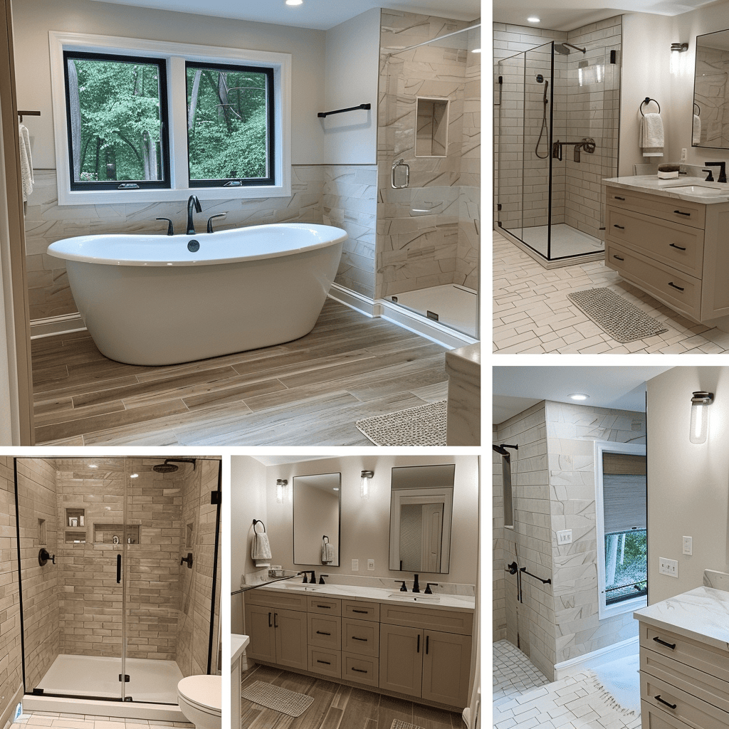 A collage of a remodeled bathroom's key features, including a freestanding tub, a walk-in shower with a rainfall showerhead, and a double vanity with ample storage