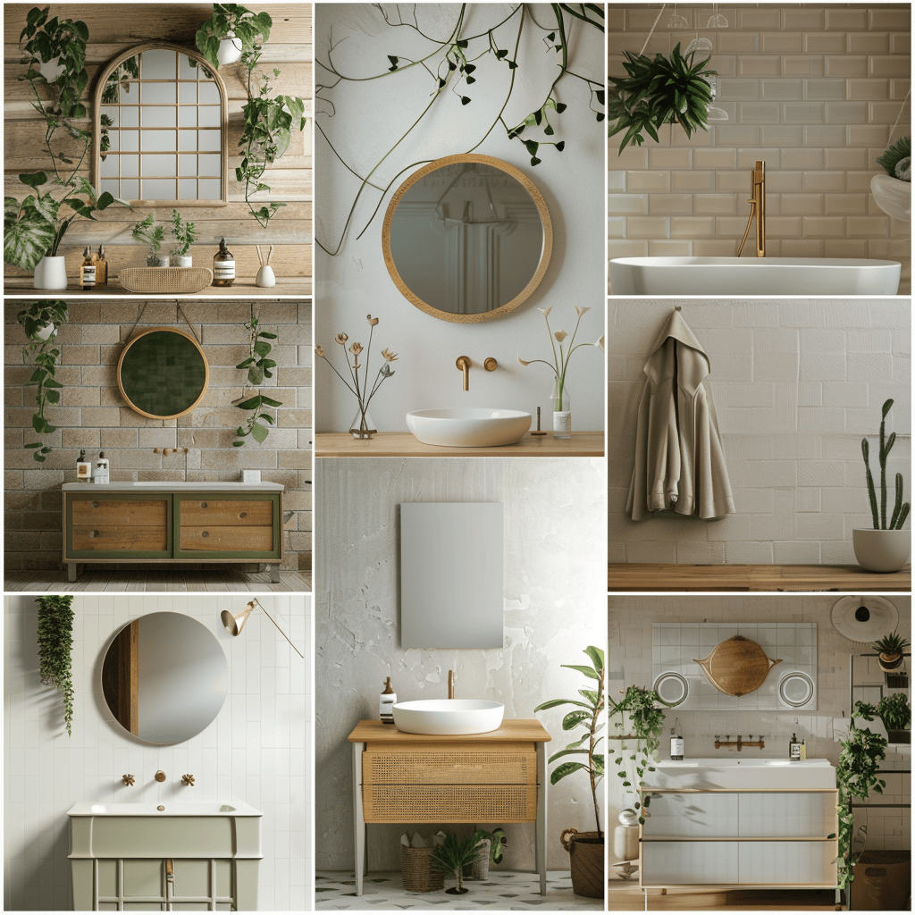 A collage of different bathroom styles, including modern, traditional, rustic, and bohemian, showcasing the diverse range of design options available