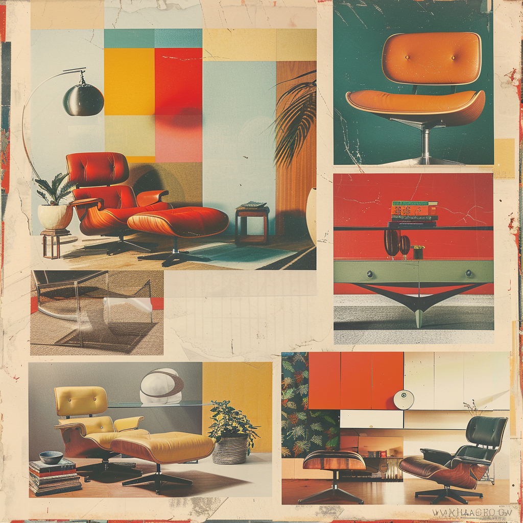A collage of iconic mid-century modern designers (eg, Charles and Ray Eames, Arne Jacobsen, Eero Saarinen) with examples of their color philosophies and signature designs2