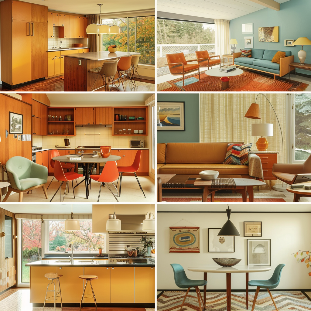 A collage of stunning mid-century modern living rooms, bedrooms, kitchens, and dining rooms, each highlighting the versatility and beauty of the color palette4