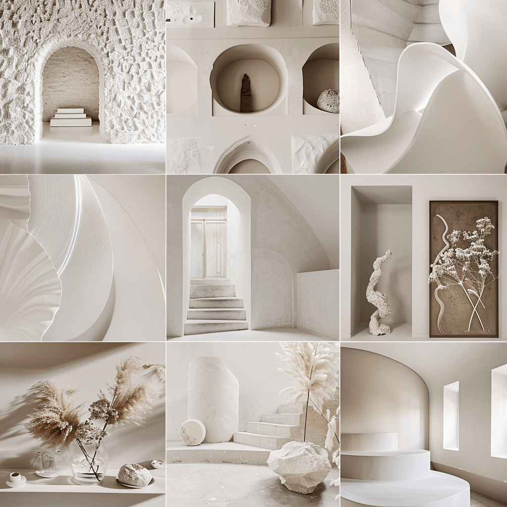A collage of various shades of white, from crisp, bright whites to softer, creamier tones, showcasing the versatility and depth of white in minimalist color schemes2