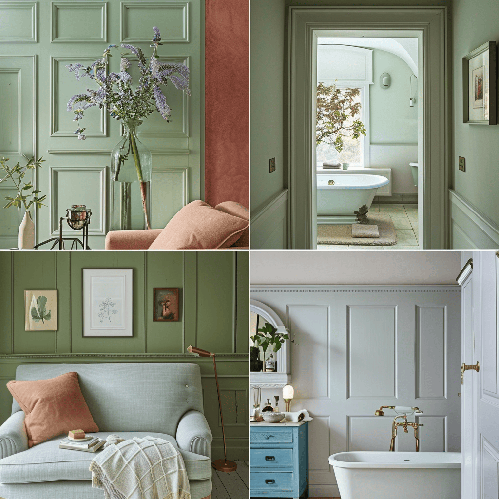 A collage showcasing English countryside colors in various rooms a terracotta entryway, a soft blue living room, a muted lavender bedroom, and a creamy white bathroom with sage green accents