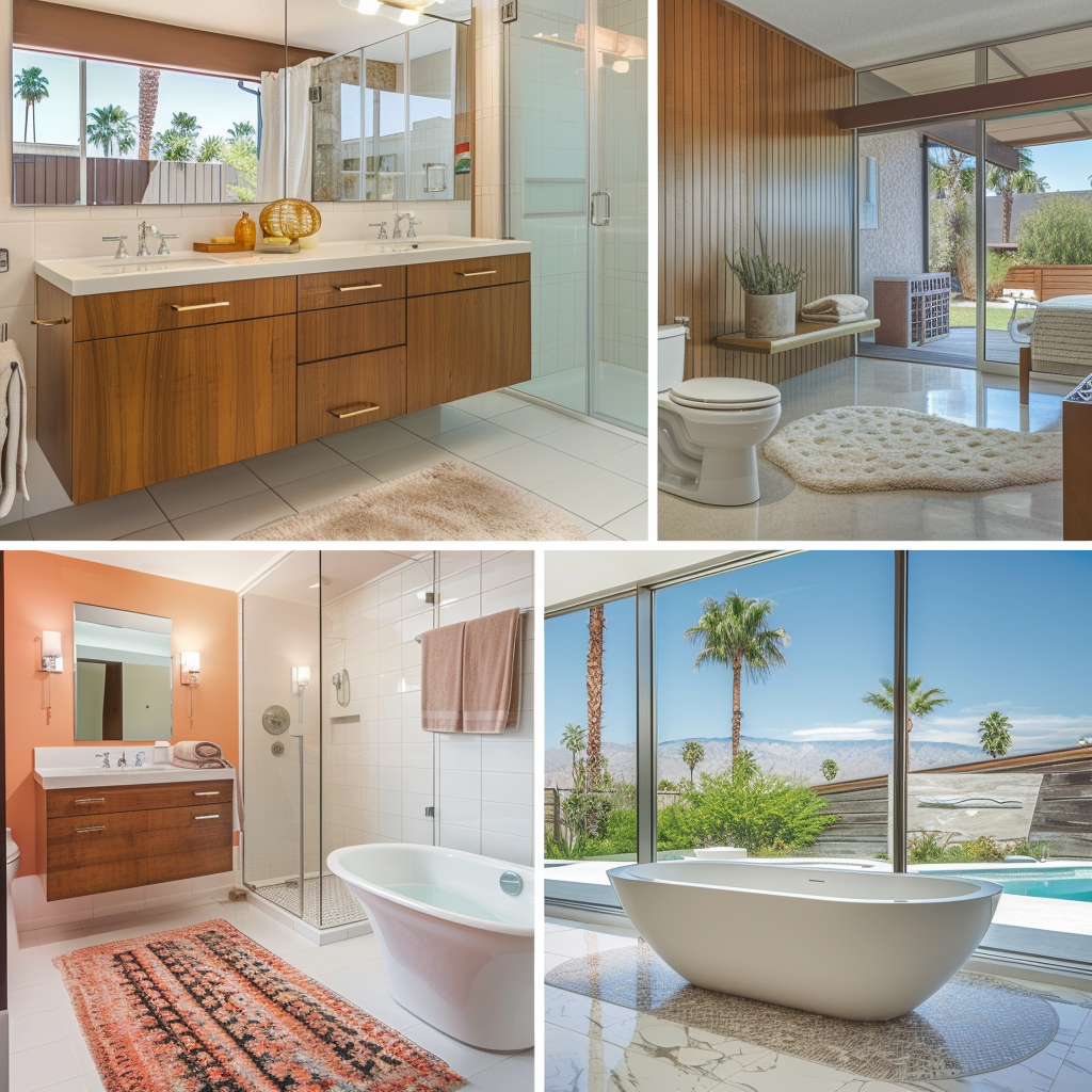 A collage showcasing iconic mid-century modern bathrooms from the Stahl House, Eichler Homes, and Palm Springs getaways, highlighting the era's timeless design1