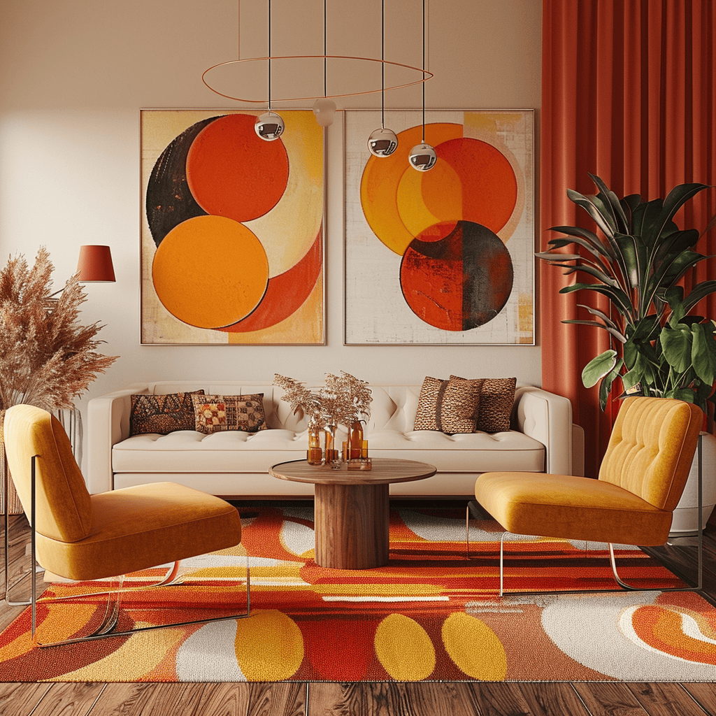 A collection of 70s decorations creating a nostalgic ambiance in a vintage-inspired living room