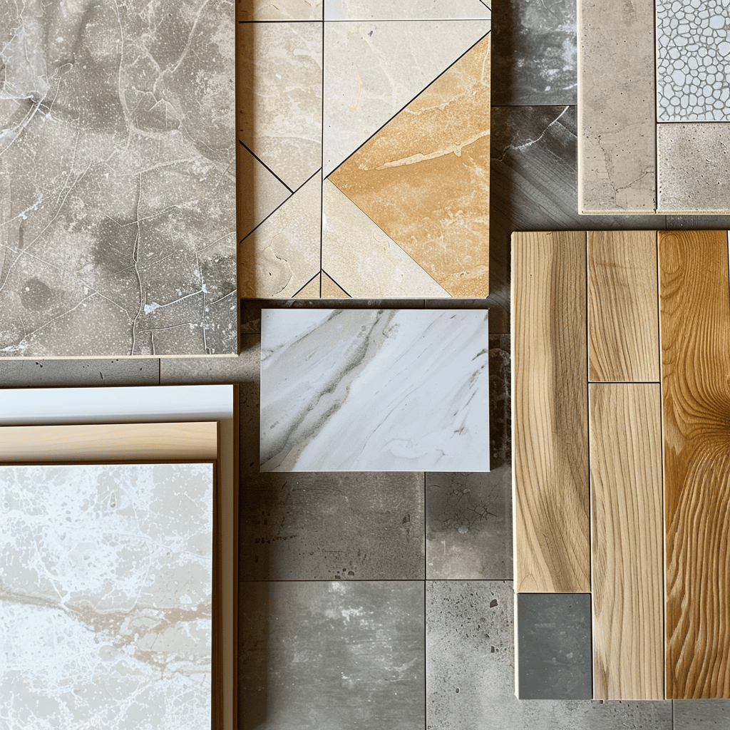 A collection of bathroom flooring samples, including porcelain tiles, natural stone, and waterproof vinyl planks, showcasing the range of durable and stylish options available