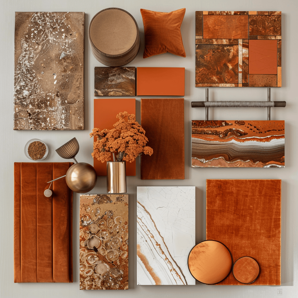 A collection of burnt orange and rust tones on a moodboard, highlighting their earthy richness and cozy appeal in home decor