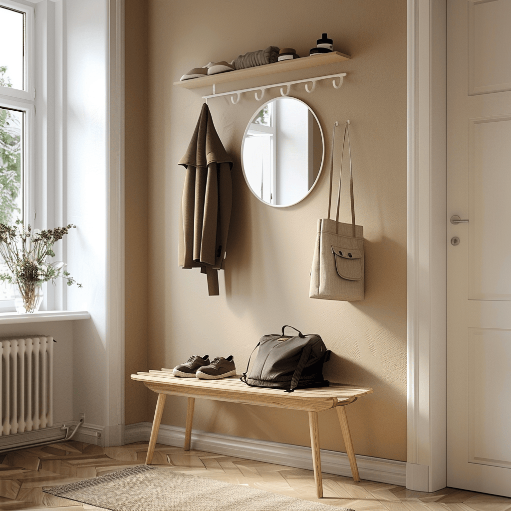 A combination of open and closed storage solutions, such as a simple shoe rack and a modern sideboard, keeps this Scandinavian hallway looking neat and uncluttered