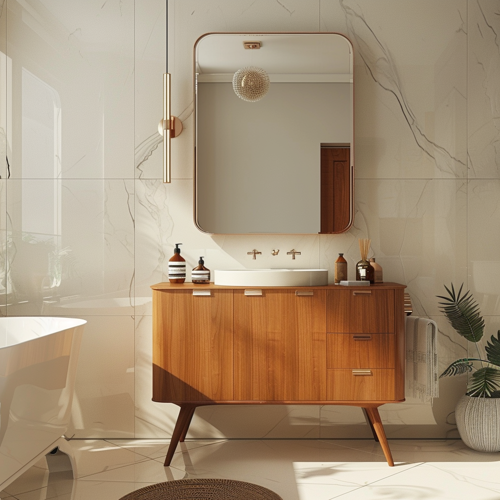 A contemporary bathroom that seamlessly blends mid-century modern elements, such as a vintage vanity, with modern fixtures, creating a timeless and stylish space3