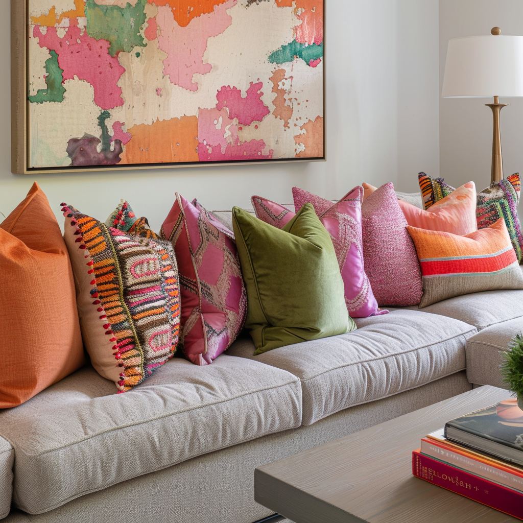 A contemporary bedroom featuring a mix of patterns in the bedding, including a striped duvet cover, floral sheets, and geometric throw pillows, all in coordinating shades of blue