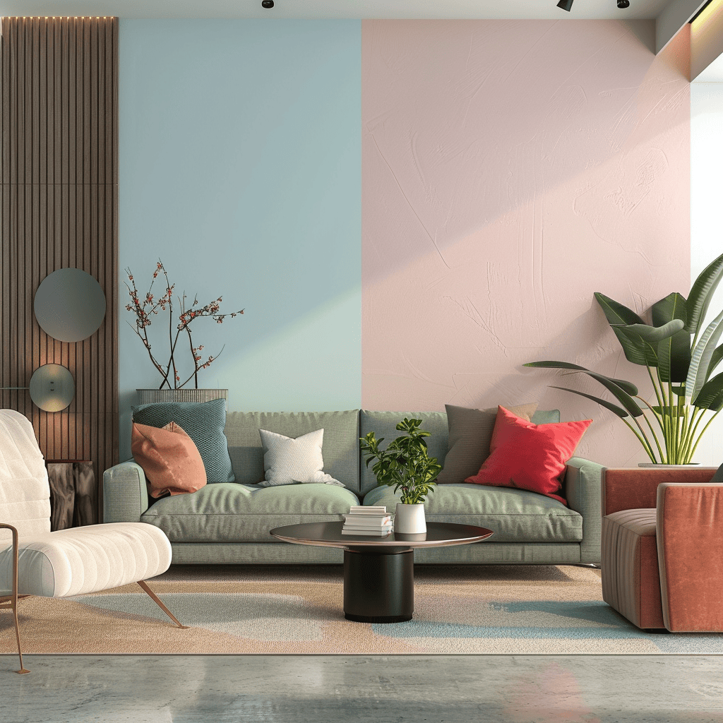 A contemporary bedroom featuring a pastel blue accent wall, complemented by gray and white bedding and light wood furniture, resulting in a calming and refreshing ambiance