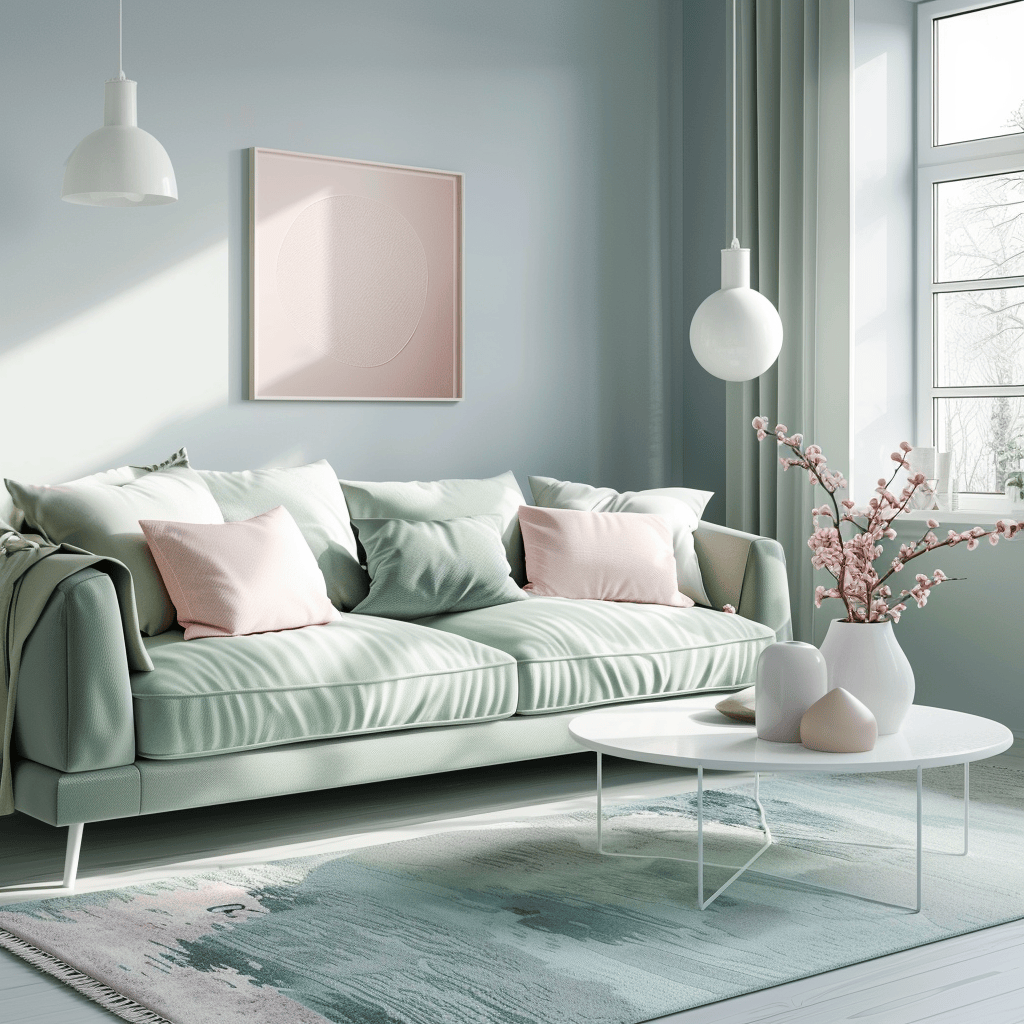 A contemporary bedroom featuring pastel furniture, including a blush pink upholstered headboard, a pale yellow nightstand, and a soft blue accent chair