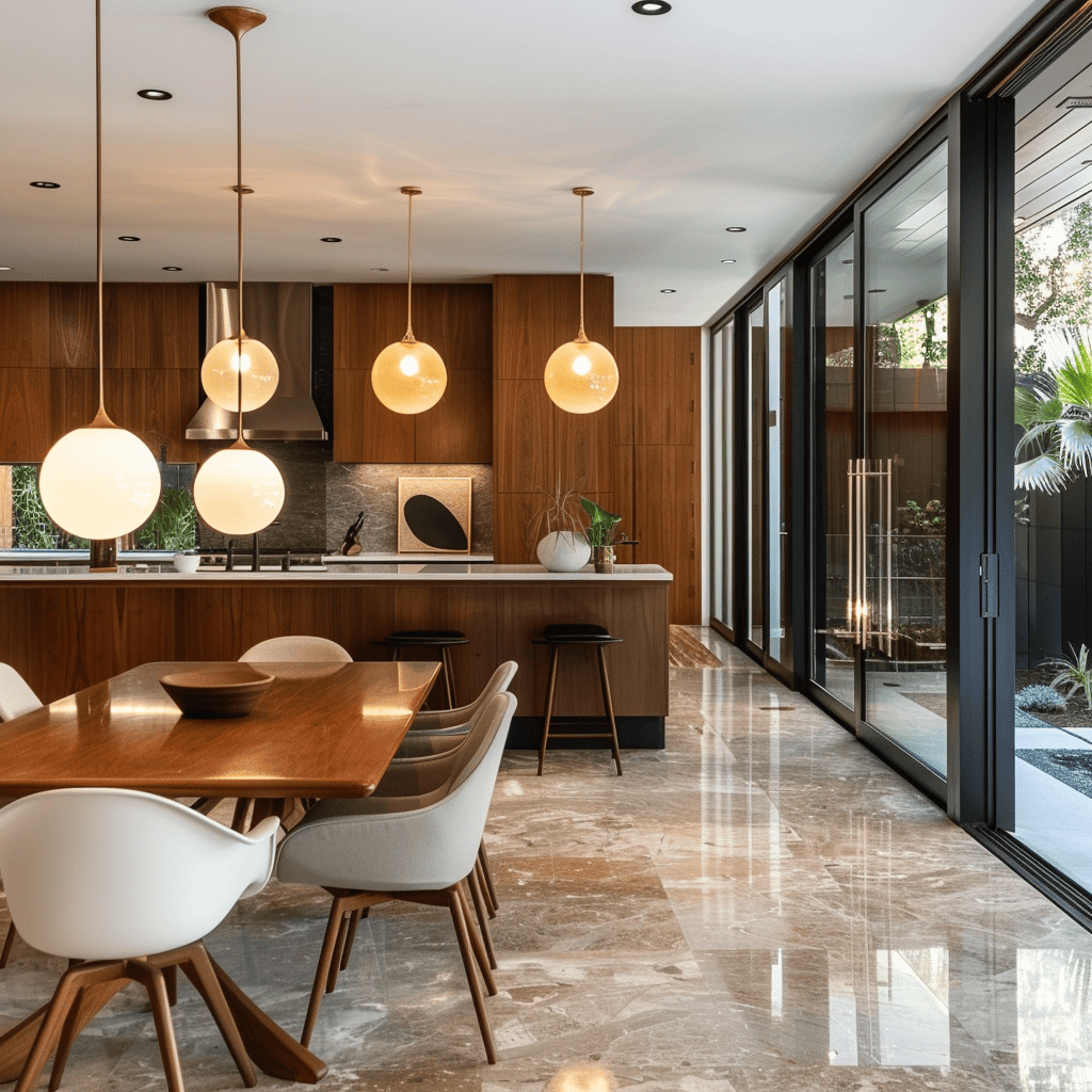 A contemporary home featuring a mid-century modern dining room that has been adapted to suit modern living, showcasing the style's versatility and adaptability3