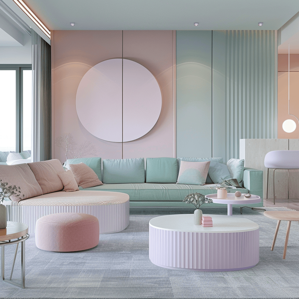 A contemporary interior boasting a gentle and welcoming atmosphere, showcasing pastel shades like soft pink, mint green, and light lavender, incorporated via accent walls, furniture, and accessories