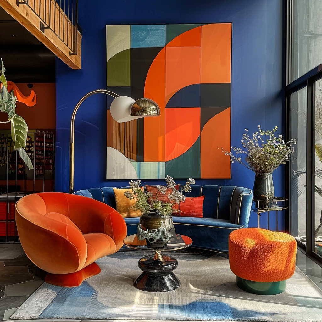 A contemporary interior employing a complementary color palette, featuring daring contrasting hues such as blue and orange or red and green, generating a remarkable visual effect and a feeling of equilibrium