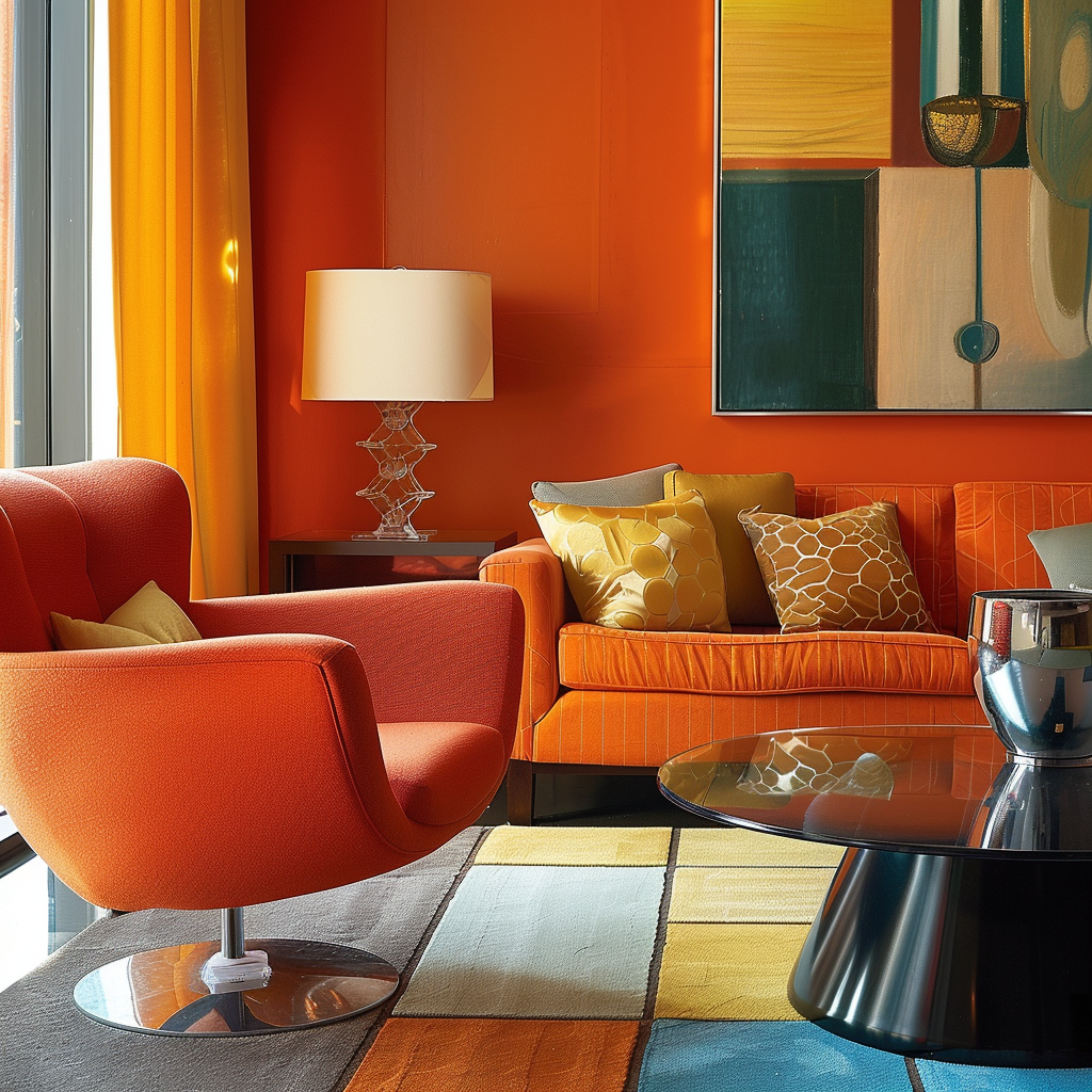 A contemporary interior employing a split-complementary color palette, showcasing a primary hue and the two colors neighboring its complement, creating a gentler contrast and a harmonious, aesthetically pleasing room