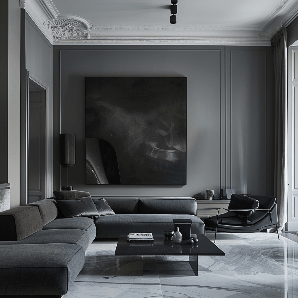 A contemporary interior implementing a monochromatic color palette, showcasing diverse shades, tints, and tones of one hue to establish depth, sophistication, and visual interest