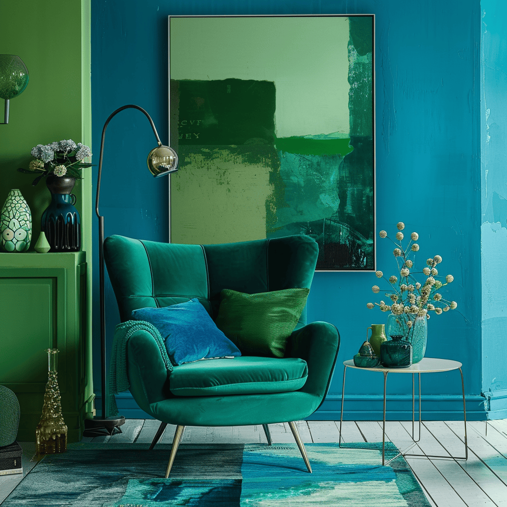 A contemporary interior implementing an analogous color palette, displaying hues that are adjacent on the color wheel, like blue, blue-green, and green, creating a balanced and unified aesthetic