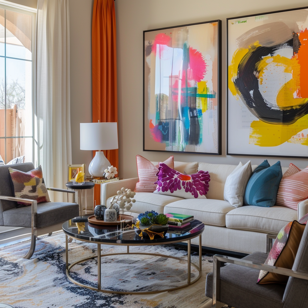 A contemporary interior vignette stressing the integration of lively accessories and decor, like artwork, cushions, rugs, and window treatments, to introduce color and craft a cohesive, visually appealing space