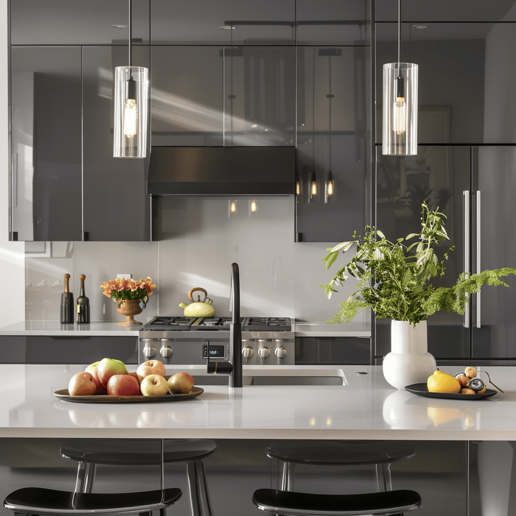 A contemporary kitchen with cabinets featuring sleek, high-gloss laminate or acrylic finishes in a bold, monochromatic color scheme, creating a stylish, minimalist look