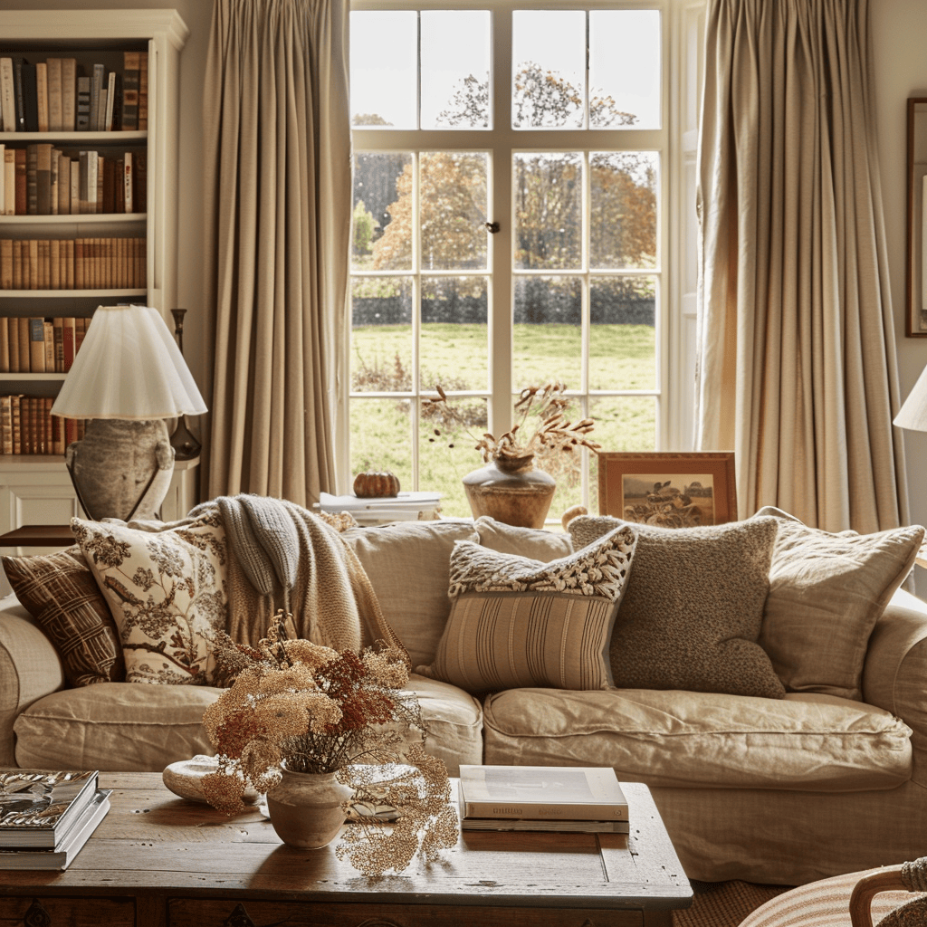 A countryside living room that showcases the beauty and versatility of fabrics, with a focus on incorporating a mix of textures and materials that create a warm and welcoming environment copy